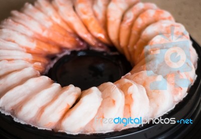 Tray Of Frozen Pile Shrimp Stock Photo