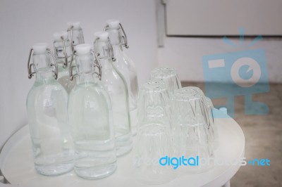 Tray Of Glasses And Water Bottles Stock Photo