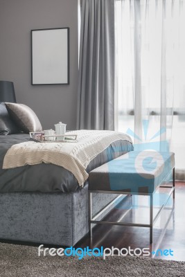 Tray Of Tea Cup Set On Bed In Luxury Bedroom Stock Photo