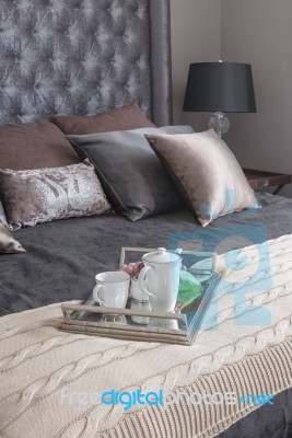 Tray Of Tea Set On Blanket In Luxury Bedroom Stock Photo