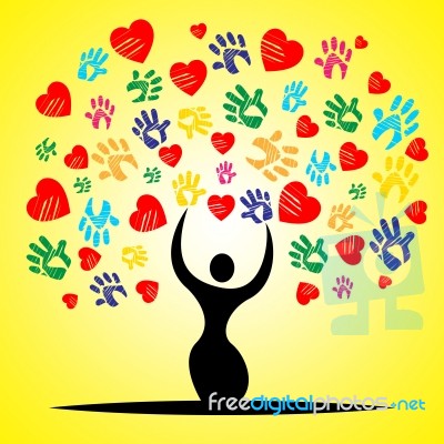 Tree Handprints Means Valentine Day And Childhood Stock Image