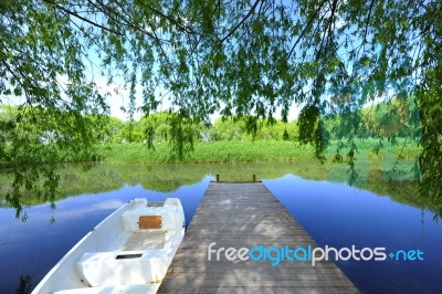 Trees And A Boat  Near The Lake And River Stock Photo