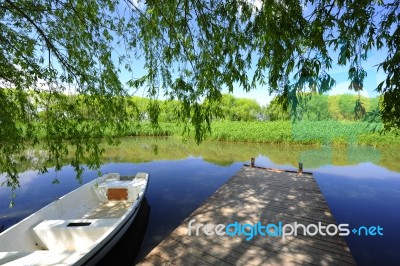 Trees And A Boat  Near The Lake And River Stock Photo