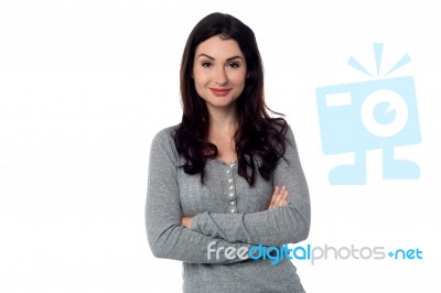 Trendy Smiling Woman In Casual Outfit Stock Photo