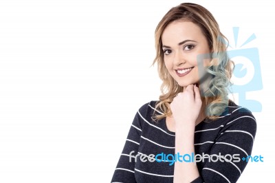 Trendy Woman Posing Over White In Casuals Stock Photo