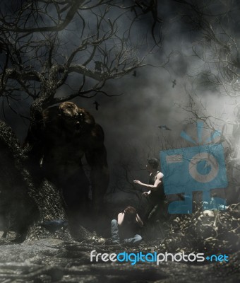 Troll Attack A Man And A Woman In The Woods,3d Illustration Stock Image