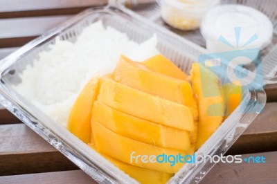 Tropical Dessert Box Of Sweet Mango And Sticky Rice Stock Photo