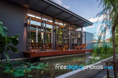 Tropical Modern House With Nature Stock Photo