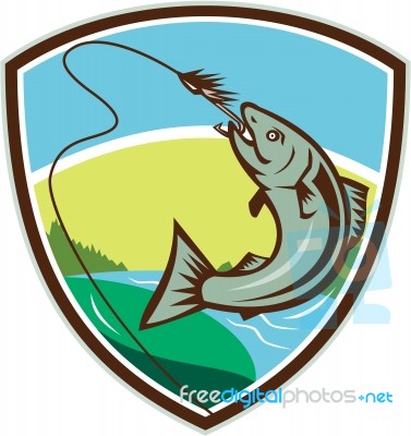 Trout Biting Hook Lure Shield Retro Stock Image