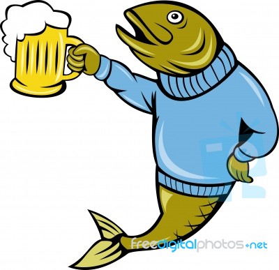 Trout Fish Holding A Beer Mug Stock Image