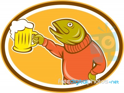 Trout Fish Holding Beer Mug Oval Cartoon Stock Image