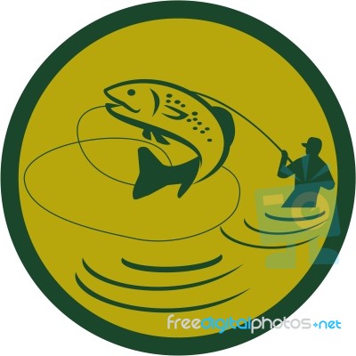 Trout Jumping Fly Fisherman Circle Retro Stock Image