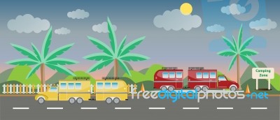 Truck And Camping Caravan Car With Landscape Background  Stock Image