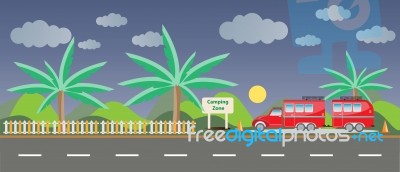 Truck And Camping Caravan Car With Landscape Background  Stock Image