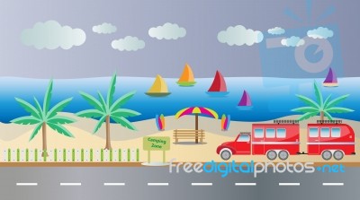 Truck And Camping Caravan Car With Seascape Background Stock Image