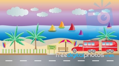 Truck And Camping Caravan Car With Seascape Background Stock Image