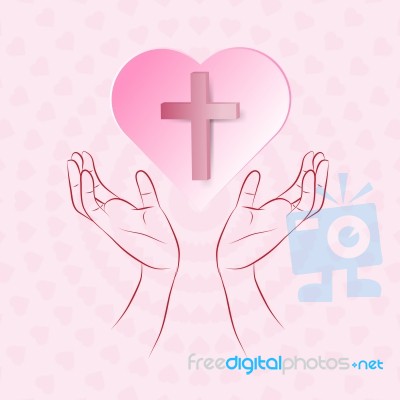 True Cross In Pink Heart Floating Over Human Hand On Pink Backgr… Stock Image