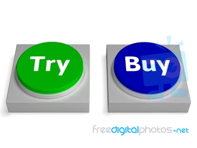 Try Buy Buttons Shows Trying Or Buying Stock Image