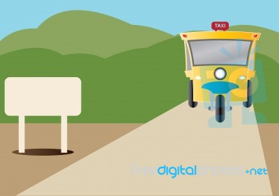 Tuktuk With Road From Mountain And Blank Road Sign Stock Image