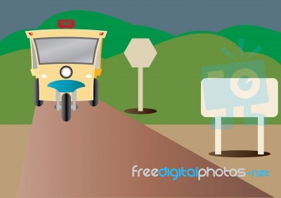 Tuktuk With Road From Mountain And Blank Road Sign Stock Image