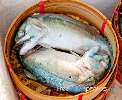 Tuna On Bamboo Basket Stock Photo