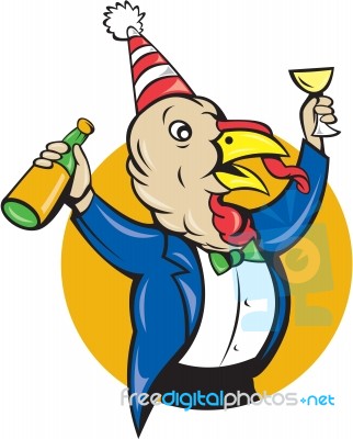 Turkey Celebrating Wine Party Hat Cartoon Stock Image