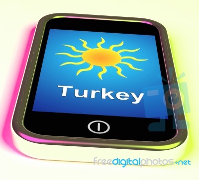 Turkey On Phone Means Holidays And Sunny Weather Stock Image