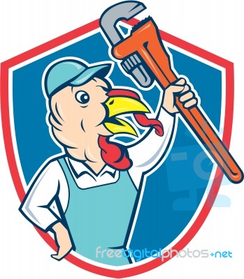 Turkey Plumber Monkey Wrench Shield Cartoon Stock Image