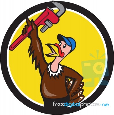 Turkey Plumber Raising Wrench Circle Cartoon Stock Image