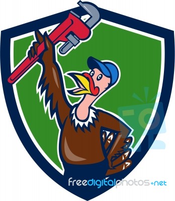 Turkey Plumber Raising Wrench Shield Cartoon Stock Image