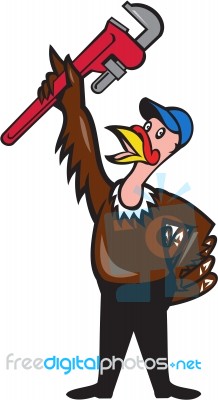 Turkey Plumber Raising Wrench Standing Cartoon Stock Image