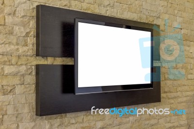 Tv On Brick Wall - Modern Living Room Interior Stock Photo