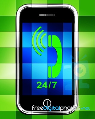 Twenty Four Seven On Phone Displays Open 24/7 Stock Image