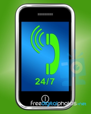 Twenty Four Seven On Phone Shows Open 24/7 Stock Image