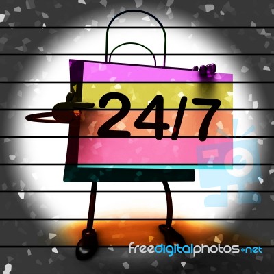 Twenty Four Seven Shopping Bag Shows Hours Open Stock Image