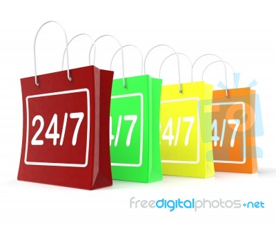 Twenty Four Seven Shopping Bags Shows Open 24/7 Stock Image