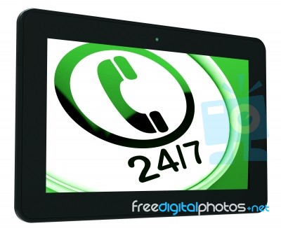 Twenty Four Seven Tablet Shows Open 24/7 Stock Image