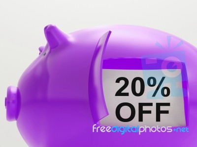 Twenty Percent Off Piggy Bank Shows 20 Discount Stock Image