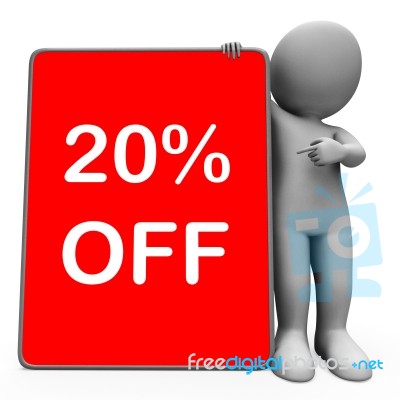 Twenty Percent Off Tablet Character Means 20% Reduction Or Sale Stock Image