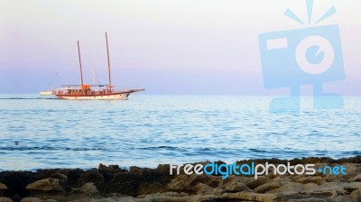 Twilight Cruise Ship Near Sea Shore Of A Mediterranean Island Malta Stock Photo