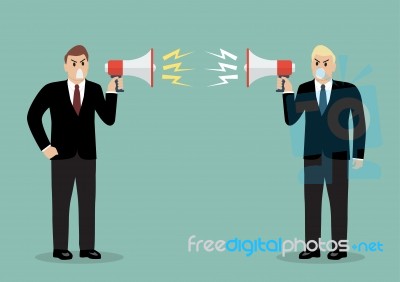 Two Angry Businessman Are Shouting On Each Other With Megaphones… Stock Image