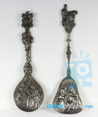 Two Antique Silver Teaspoons Stock Photo