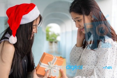 Two Asia Thai High School Student Best Friends Beautiful Girl Happy New Year And Give A Gift Friends Stock Photo