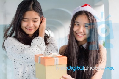 Two Asia Thai High School Student Best Friends Beautiful Girl Happy New Year And Give A Gift Friends Stock Photo