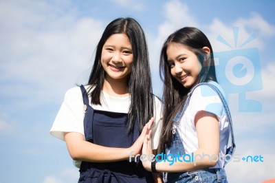 Two Asia Thai High School Student Best Friends Beautiful Girl Smile And Funny Stock Photo