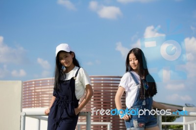 Two Asia Thai High School Student Best Friends Beautiful Girl Smile And Funny Stock Photo