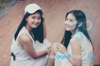 Two Asia Thai High School Student Best Friends Beautiful Girl Smile And Funny Stock Photo