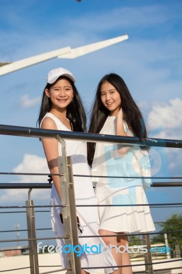 Two Asia Thai High School Student Best Friends Beautiful Girl Smile And Funny Stock Photo