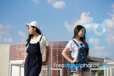 Two Asia Thai High School Student Best Friends Beautiful Girl Smile And Funny Stock Photo