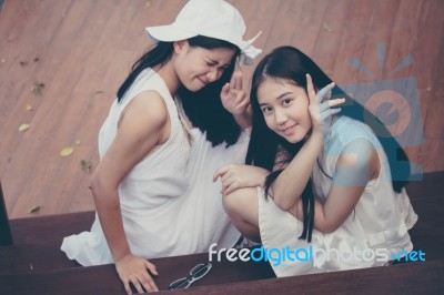 Two Asia Thai High School Student Best Friends Beautiful Girl Smile And Funny Stock Photo